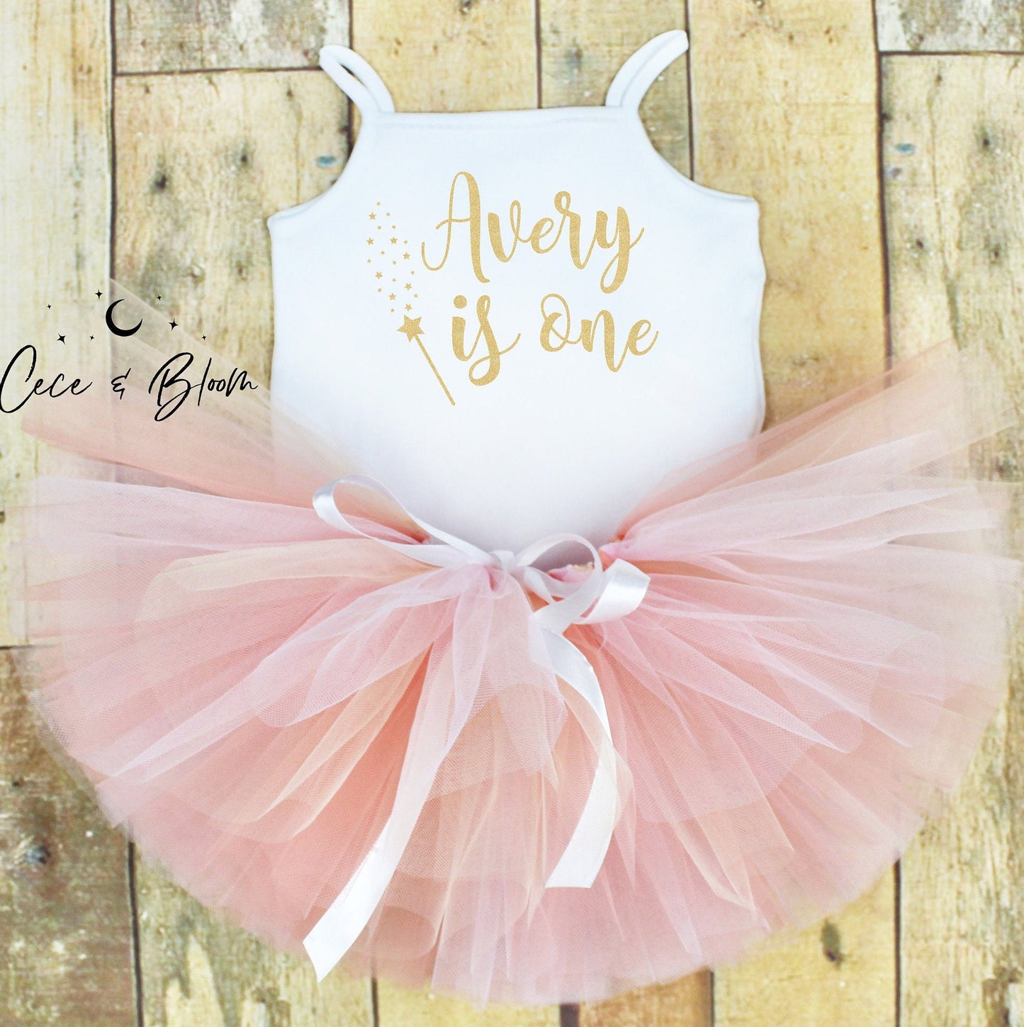 Fairy Wand Girls 1st Birthday Tutu Outfit in Peach, Pink & Gold