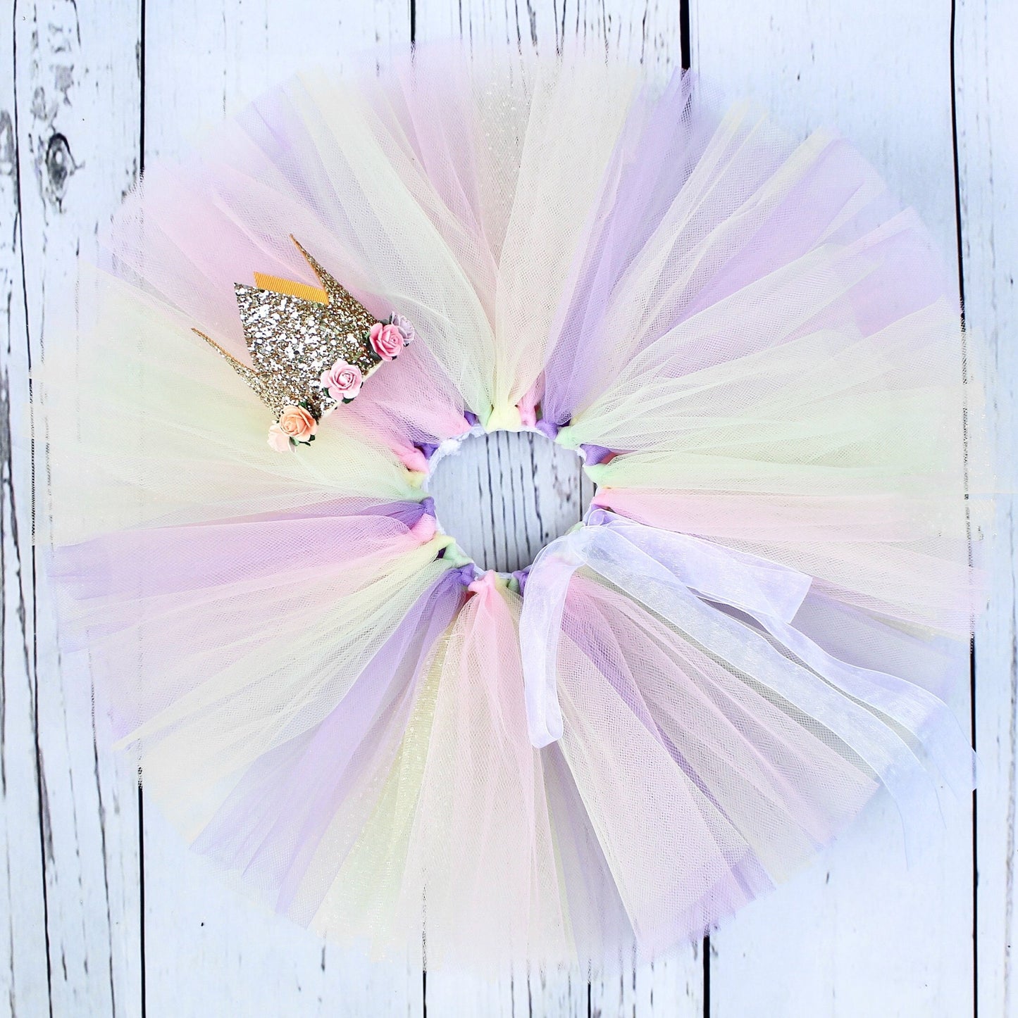 Pastel Rainbow Tutu Skirt with Sparkly Gold Crown